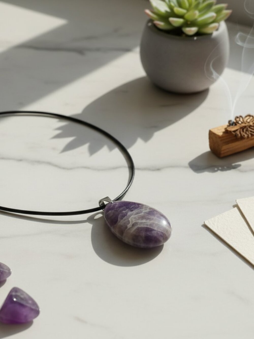 Amethyst Necklace – Natural Purple Crystal Teardrop Pendant – Black Leather Cord